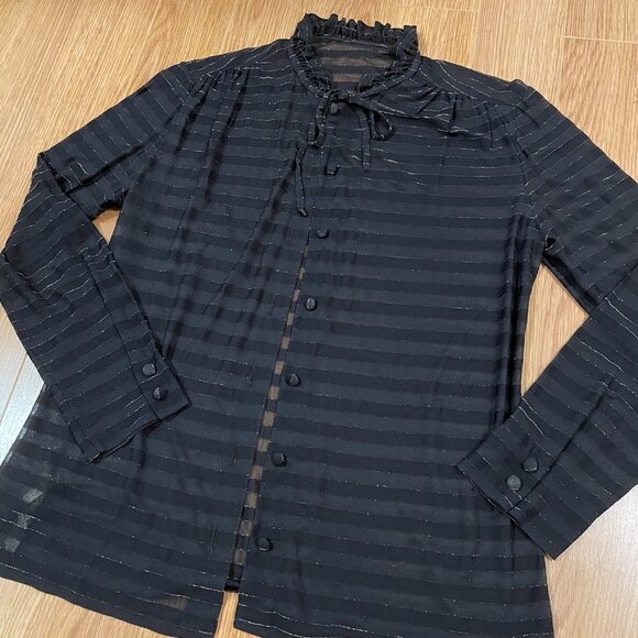 Vintage Italian Sheer Shimmer Button-Up Ribbon Blouse Black Gold - Picture 6 of 16